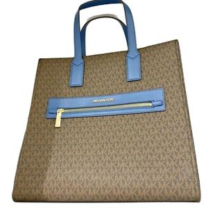 MICHAEL KORS KENLY LARGE NS TOTE SATCHEL BAG PVC LEATHER MK BROWN DARK CHAMBRAY